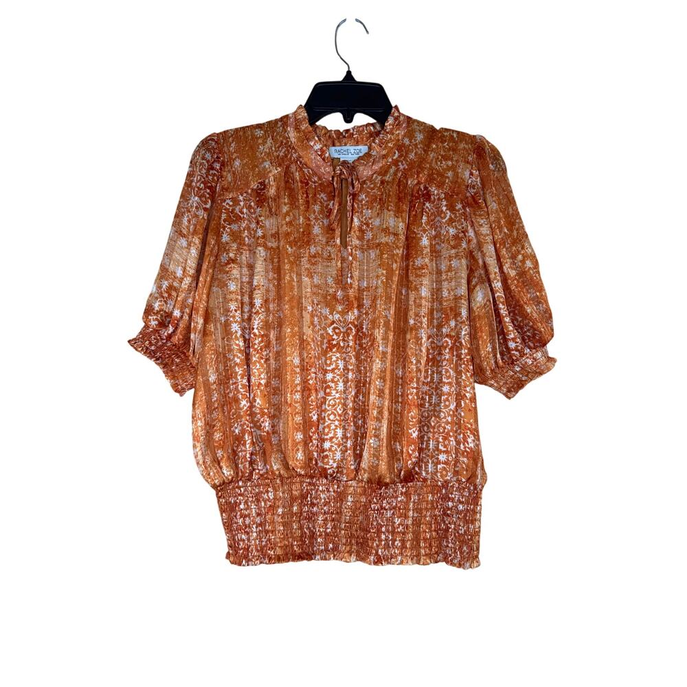 Rachel Zoe Designer Blouse Large Whimsical Print Smock Waist Vintage Inspired